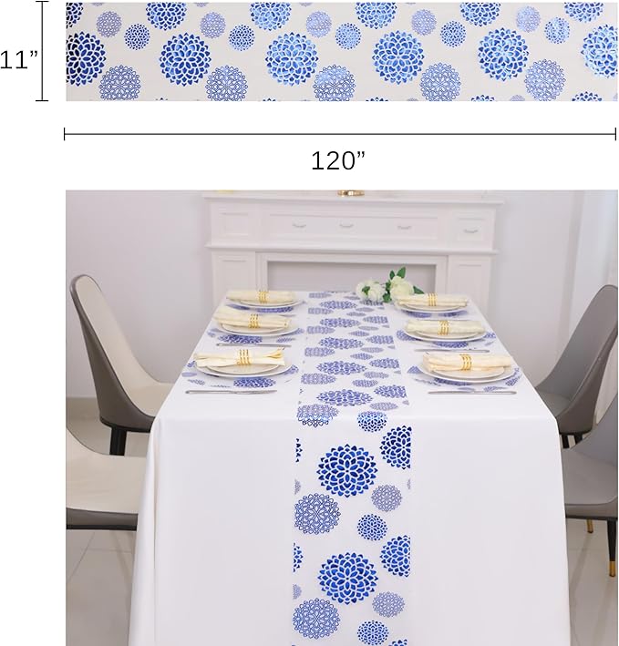 Snowkingdom Blue Dahlia Flowers Table Runner,Glitter Thin Foil Blue and White Dahlia Flowers Mesh Table Runner 11x120 Inch,Kitchen Dining Table Decor for Party Wedding Bridal Birthday Shower
