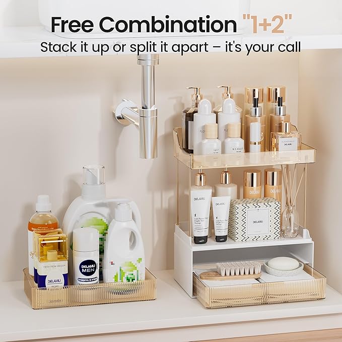 Delamu Bathroom Organizers and Storage, 2 Tier 2 Drawer Makeup Organizer Countertop, Easy to Install, Ideal for Bathroom Counter, Vanity, Ideal for Women Girls, Amber