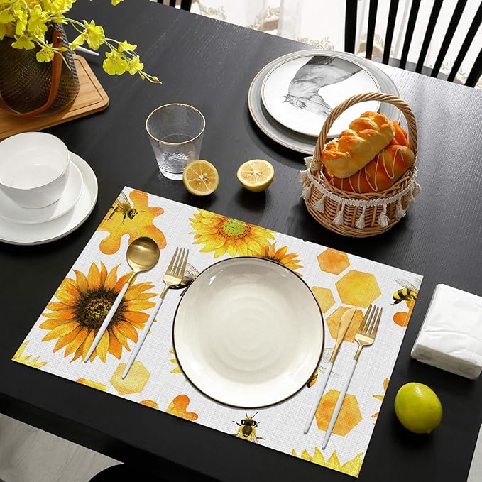 Sunflower Honey Bee Placemats Set of 6, Washable Heat Resistant Table Mat Linen Place Mats for Party Kitchen Dining Home Decor 12x18 Inch