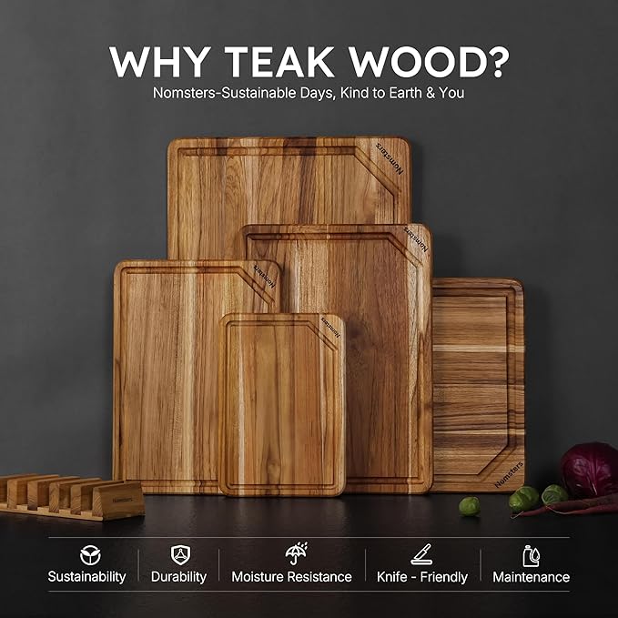 5 Pack Teak Wood Cutting Board Set for Kitchen with Holder Charcuterie Board Serving Heavy Duty Non Toxic Slip Hardwood Over Sink Solid Thick Wooden Chopping Board Large Big Small Best Essential Gift