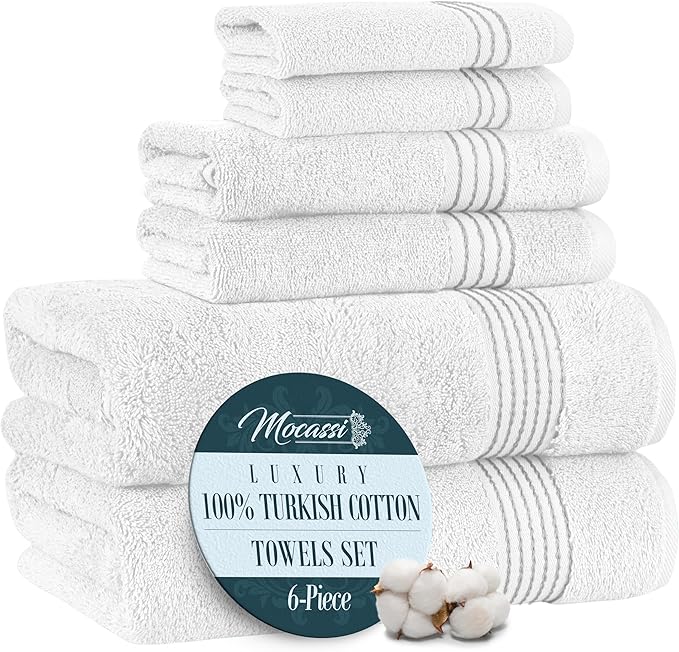 Mocassi Luxury 100% Turkish Cotton 6-Piece Towel Set - Ultra Soft, Quick Dry Highly Absorbent Premium Spa Hotel Quality Bath Towels, Includes 2 Bath Towels, 2 Hand Towels and 2 Washcloths, White/Gray