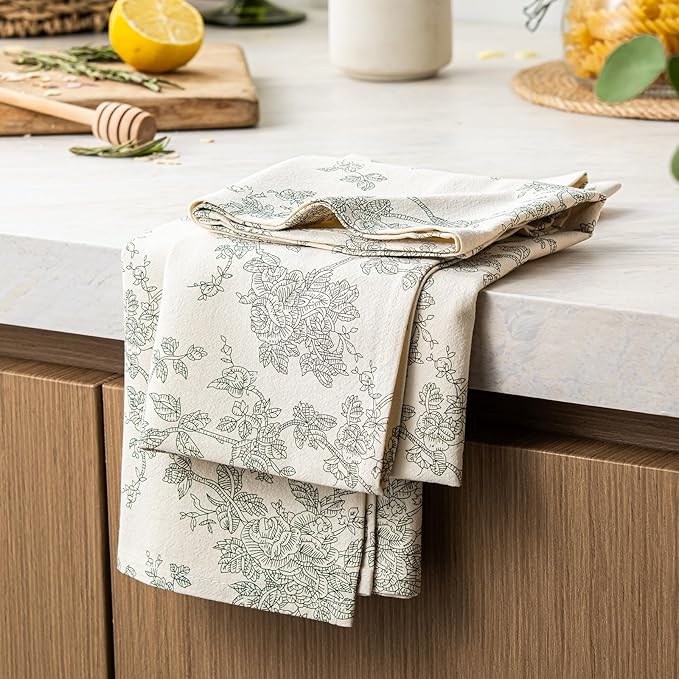 100% Cotton French Pastoral Kitchen Towels Set of 2, Decorative Flour Sack Tea Towels with Hanging Loop 18x25 Inch Absorbent Dish Cloths Farmhouse Home Decor, Green