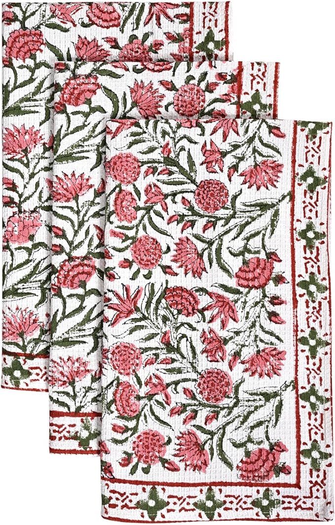 CPC Red Garnet Hand Block Print Waffle Kitchen Towel Set of 3-16 x 28 Inch Ultra Absorbent Quick Dry Cotton Dish Towels Lightweight Reusable Sustainable Tea Towels for Cleaning and Drying