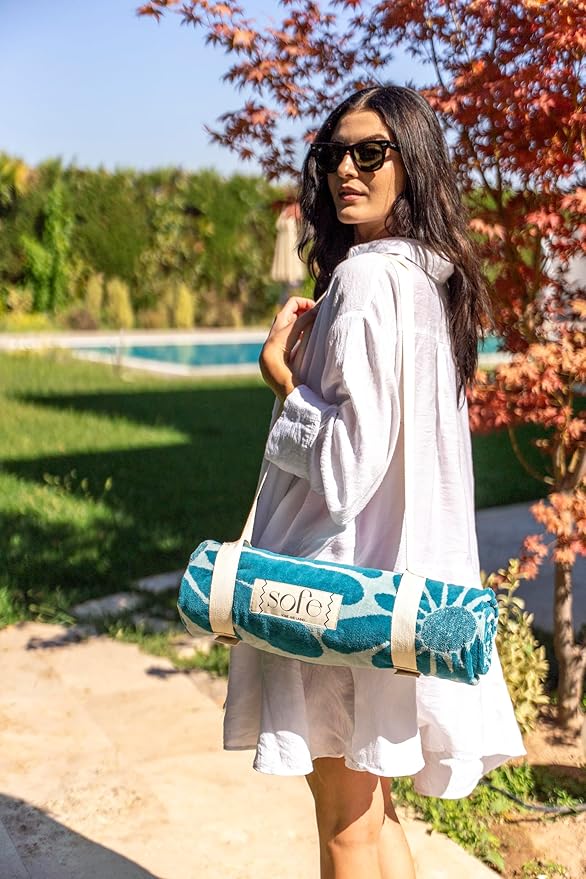 SOFE H&L | LINVIA Foutah Quick Dry Beach Towel Pack of 2 (35” x 70”) CARETTA - Blue | Lightweight, Premium, Fade Resistant, Durable | Travel Towel, Turkish Beach Towel with Shoulder Strap