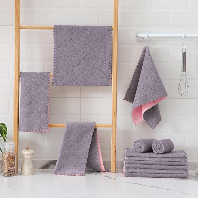 Mordimy 24 Pack Kitchen Towels (20" x 10", Grey & Pink), Super Soft and Absorbent Dish Towels, Coral Velvet Microfiber Cleaning Cloth, Nonstick Oil Fast Dry Dish Cloths