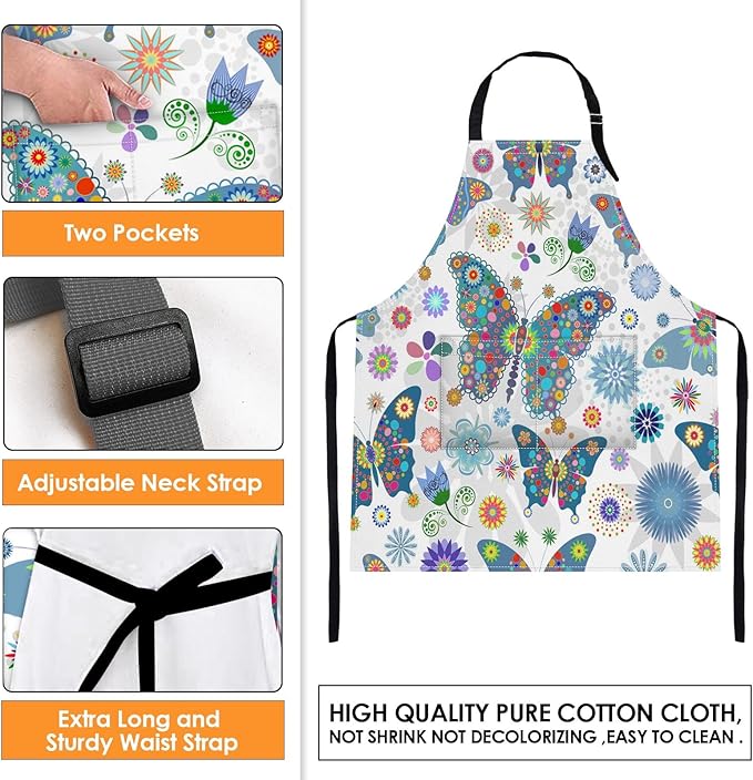 Britimes Butterfly Apron Floral Colorful Butterflies Flowers Aprons Kitchen Cooking Gardening for Women With Pockets