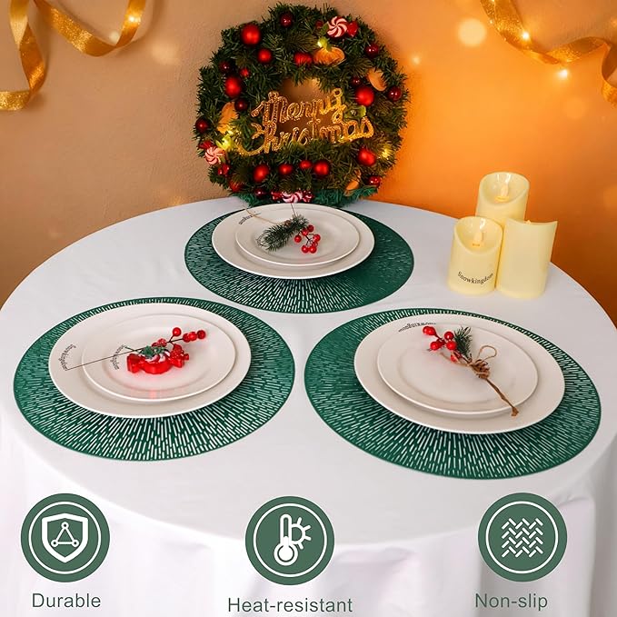 Snowkingdom Green St. Patrick's Day Placemats Set of 8, Vinyl 15 Inch Round Emerald Green Place Mats, Easter Washable Wipeable Non Slip Kitchen Dining Hollow Table Mats for Wedding Party Decor
