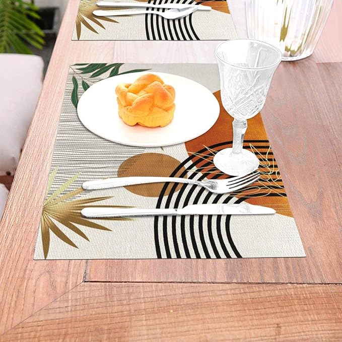 Mid Century Placemats Set of 4,12x18 Inches Boho Orange Green Tropical Leaf Decorative Placemats Modern Rectangle Table Mats for Party Home Kitchen Dining Table Decoration