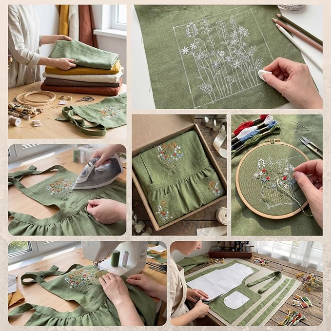 +Linen Embroidered +Apron For +Women With +Pockets, Cute Kitchen Apron, +Cooking +Baking Gifts For Her