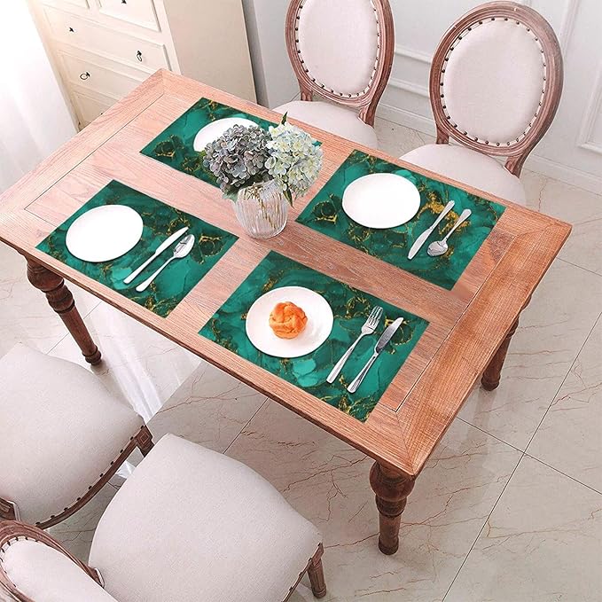 Turquoise Marble Decorative Placemats Set of 4, Emerald Dark Green Table Mats for Kitchen Holiday Party Modern Farmhouse Home Decor 12x18 Inch