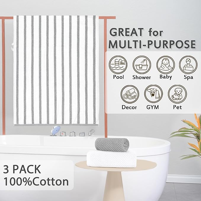 VOOVA & MOVAS Towel Set for Bathroom - 100% Cotton, Quick Dry, Thick, 3 Piece Towel Set, 1 Stripe Large Bath 30"x54",1 White Hand 18"x28",1 Grey Washcloth 13"x13",Dorm Room Essentials