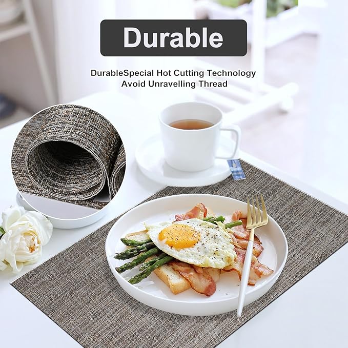 DACHUI Placemats Set of 6, Linen Look Woven Place Mats, Water Resistant, Heat Resistant, Washable, Durable Table Mats (Caramel)