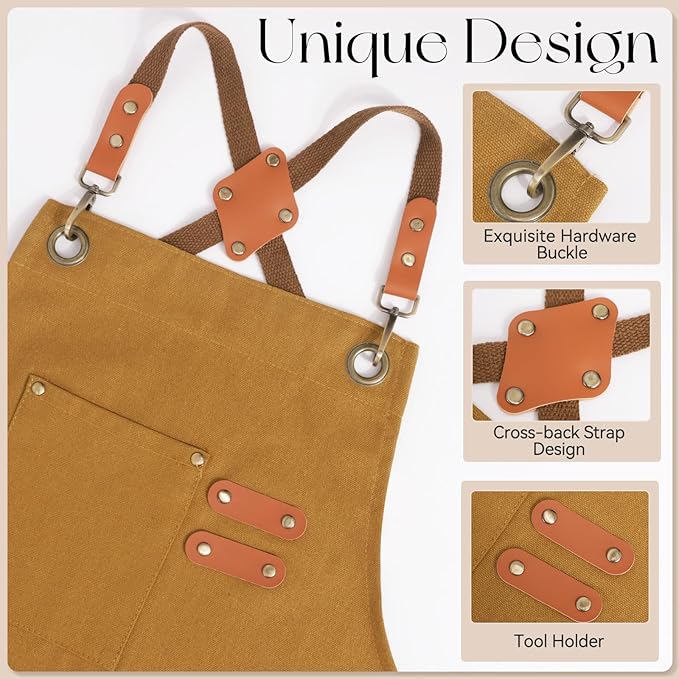 Chef Aprons for Men Women with Large Pockets, Cotton Canvas Water Repellent Kitchen Apron for Cooking
