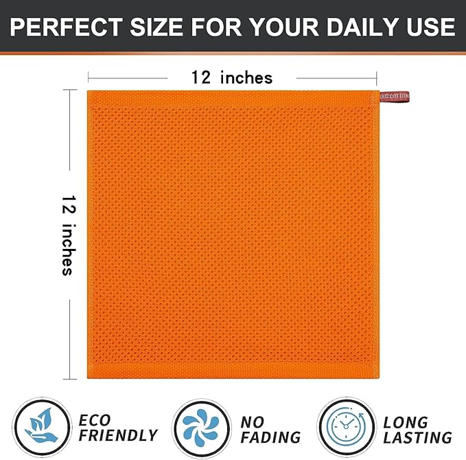 Kitinjoy 100% Cotton Kitchen Dish Cloths (12 X 12 Inches, Orange), 12 Pack Waffle Weave Ultra Soft Absorbent Dish Towels for Drying Dishes Quick Drying Kitchen Towels Dish Rags