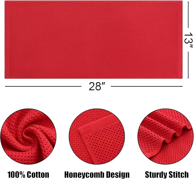 Kitinjoy 100% Cotton Waffle Weave Kitchen Hand Towels (13 X 28 Inches, Red), 8-Pack Super Soft and Absorbent Dish Towel for Drying Dishes