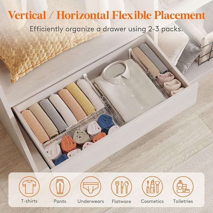 Lifewit 8 Pack 4" High Drawer Dividers 28-43.5cm/11-17" Adjustable Drawer Organizer for Clothes/Utensils, Expandable Drawer Organizer in Dresser/Kitchen/Bedroom/Office Organization & Storage Clear