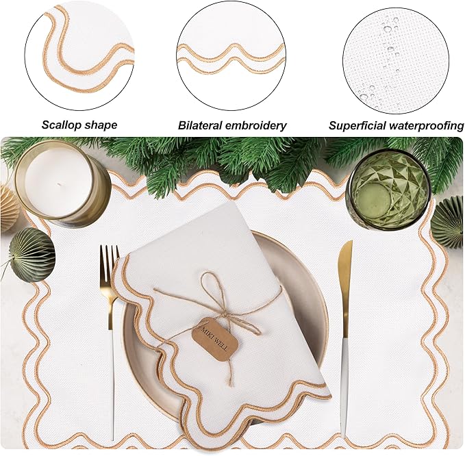 Set of 6 Cotton Linen Placemats, 13''x 19'' Wavy Embroidery Scalloped Placemats Washable Rustic Dinner Waterproof Table Mats (Khaki)