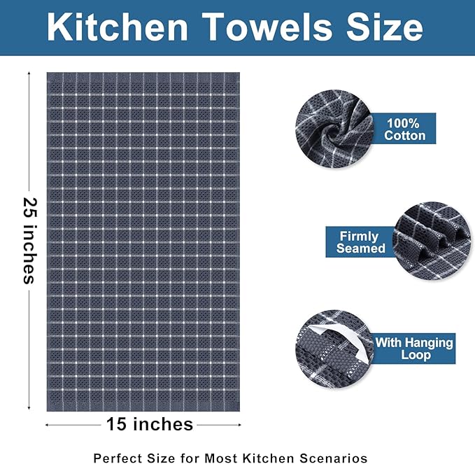 Homaxy 100% Cotton Kitchen Towels 8 Pack-15 X 25 Inches, Check Design Waffle Weave Hand Tea Towels, Super Soft and Absorbent Dish Towel for Drying Dishes, Grey