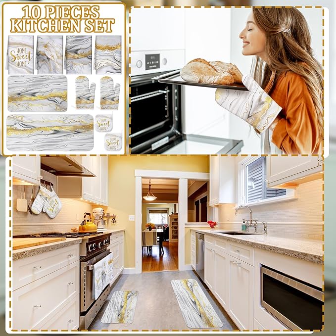 Fourluoo 10 Pcs Kitchen Dish Towels Rugs Oven Mitts and Pot Holders Kit Farmhouse Kitchen Decor Set Gloves Vintage Potholders for Baking Cooking Chef(White,Modern)