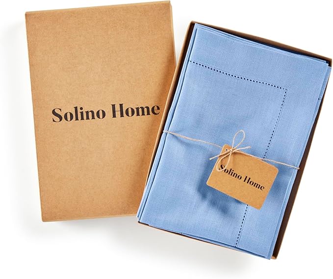 Solino Home Linen Cloth Napkins Set of 4-100% Pure Linen Cornflower Blue Dinner Napkins 20 x 20 Inch - Classic Hemstitch, Handcrafted and Machine Washable - Spring, Summer, Mothers Day