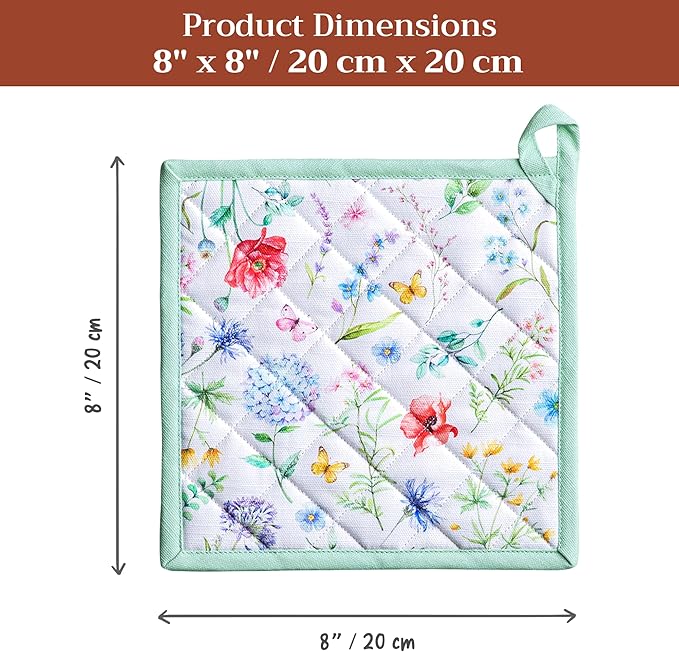 Maison d' Hermine Pot Holders 100% Cotton Heat Resistant Potholders 8" x 8" Hot Pads with Loop BBQ Cooking Baking Gifts for Mothers Day Handling Hot Pans Spring/Summer (Pack of 2, Just Floral)