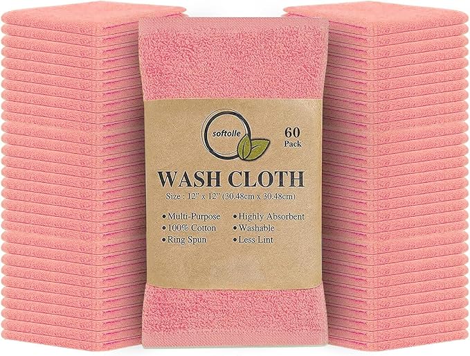 Softolle 100% Cotton Washcloths 60 Pack (12x12 Inches) Soft, Highly Absorbent Washcloth, Face Towels, Wash Cloths for Face, Ring Spun, Bulk Pack (Pink)