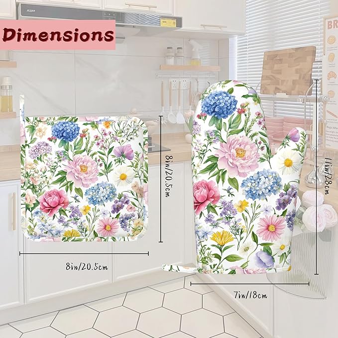 Watercolor Floral Oven Mitts and Pot Holders (4PCS),Wildflowers Heat Resistant Non-Slip Silicone Kitchen Gloves for Cooking, Baking, BBQ Waterproof Kitchen Accessories