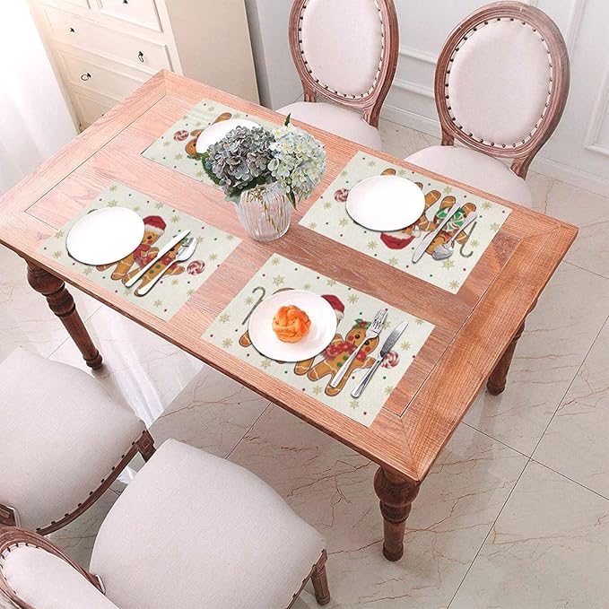 Christmas Place mats Set of 4,12x18 Inches Brown Gingerbread Man Decorative Christmas Decor Placemats Rectangle Winter Table Mats for Party Home Kitchen Dining Table Decoration