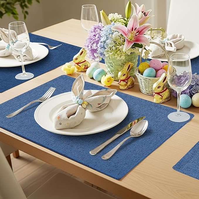 homing Cotton Linen Placemats Set of 4, Cloth Washable Farmhouse Dining Table Mats for Indoors & Outdoors, Easy to Clean, Navy Blue, 13 x 19 Inch