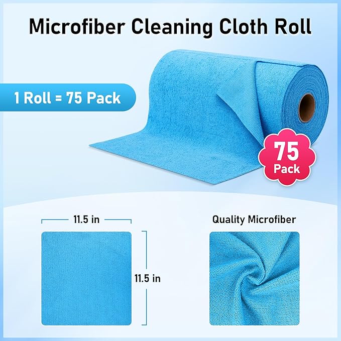 Microfiber Cleaning Cloth Roll, 75 Pack Tear Away Microfiber Towel, Reusable Washable Shop Towels, Lint Free All-Purpose Cleaning Rags Wash Cloths for Home Car Kitchen Automotive 11.5"x11.5"