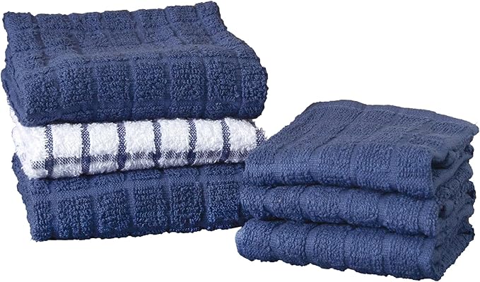 Ritz Premium Kitchen Towel and Dish Cloth Value Set: Highly Absorbent, Super Soft, Long-Lasting, 100% Cotton Checked and Solid Hand Towels, Tea Towels, Bar Towels - 6 Pack, Navy