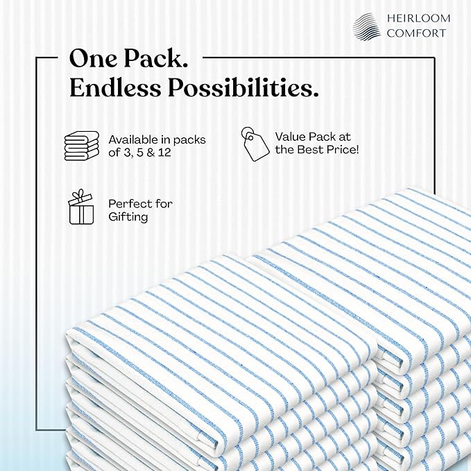 Turquiose Blue Stripe Kitchen Towels, 12 Pack, 100% Cotton, Super Absorbent and Quick Dry, Classic Striped Towel Set, Durable Dish Cloths for Kitchen Use, Cleaning & Drying Dishes