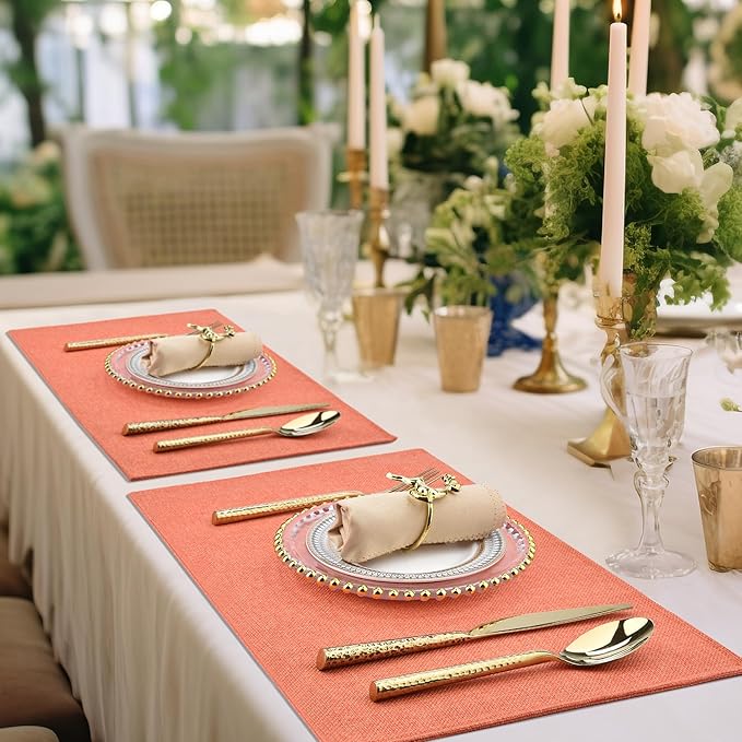 SLKQG Orange Linen Fabric Placemats Set of 4 - Heat Resistant & Machine Washable Table Mats for Holiday Dining, Double-Layered Placemats for Family Gatherings (4, Orange)