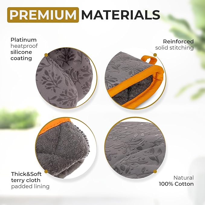Premium Heat-Resistant Oven Mitts - Stylish and Beautiful - Non-Slip Platinum Silicone Grip - Long and Thick - 100% Natural Cotton Exterior and Soft Terry Cloth Lining - Cook'n'Chic Set of 2 - Gray