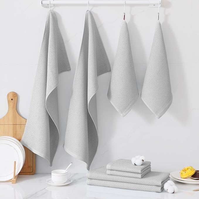 Homaxy 100% Cotton Kitchen Towels and Dishcloths Set, 12 x 12 Inches and 13 x 28 Inches, Set of 12 Bulk Kitchen Towels Set, Ultra Soft Absorbent Dish Cloths for Washing Dishes, Light Gray