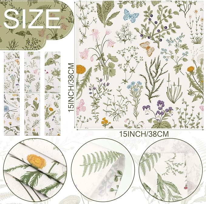 Funnymoom 24 Pcs Herbs and Wild Flowers Cloth Napkins Floral Plants Reusable Napkins Country French Toile Dinner Soft Absorbent for Summer Holiday Party