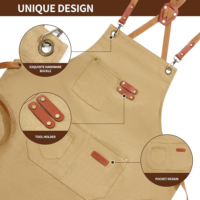 Chef Aprons for Men Women with 4 Large Pockets, Cotton Canvas Cross Back Adjustable Apron for Work grilling kitchen gardening