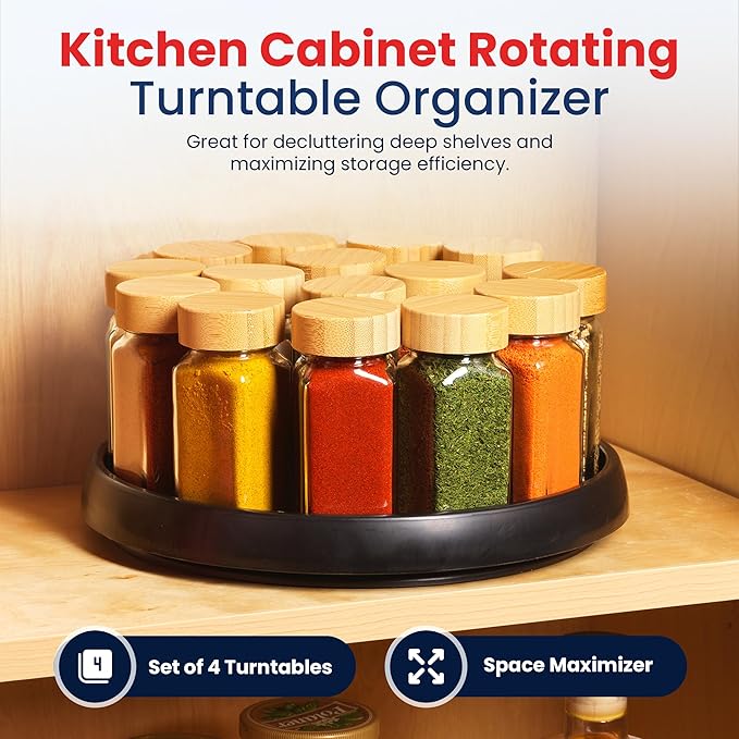 Oizeir 10 Inch Lazy Susan (Set of 4) - Non-Skid Turntable for Cabinet to Maximize Storage and Simplify Accessibility in Kitchen, Bathroom, and Pantry Spaces (Black)
