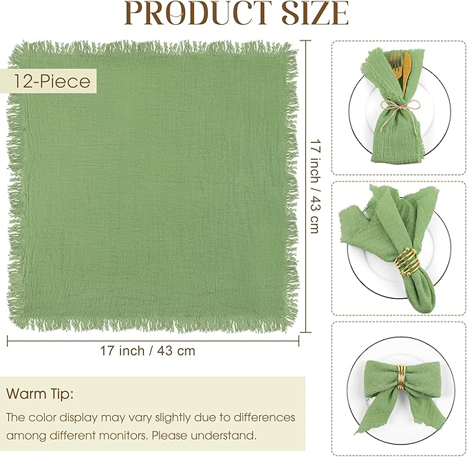 TURSTIN 12 Pieces Cotton Linen Cloth Napkin Handmade Cloth Napkin with Fringe 17 x 17 Inch Soft Dinner Wedding Napkins Square Rustic Fringe Table Napkins for Dinners, Parties, Weddings, Sage Green