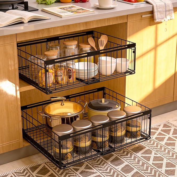 Expandable Pull Out Cabinet Organizer Adjustable Width 13"-20", Kitchen Organization with Adhesive.Bathroom Under Sink Organizers and Storage,Bedroom Slide out Drawers,Pantry