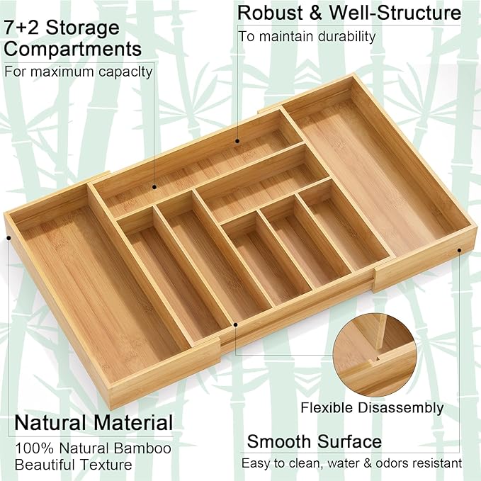 Youpehom Bamboo Utensil Organizer for Kitchen Drawers, Utensil Tray and Cutlery Silverware Holder,Wood Drawer Dividers with 9 Slots