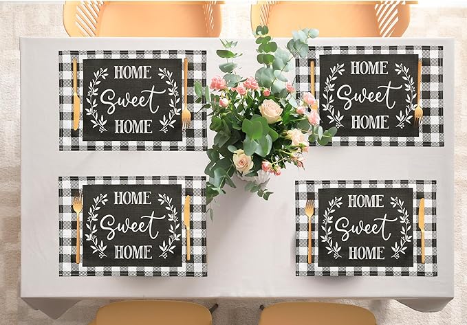 Buffalo Plaid Placemats Set of 4, Cloth Farmhouse Black White Linen Place Mats - Washable Heat Resistant Waterproof Table Mats for Ktichen Dining Table 18 X 12 Inch, Plaid