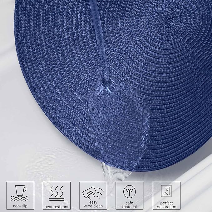 AHHFSMEI Round Placemats Set of 6 Heat Resistant Washable Non-Slip Woven Braided Table Mats for Dining Table Kitchen & Home Decor (Navy Blue)