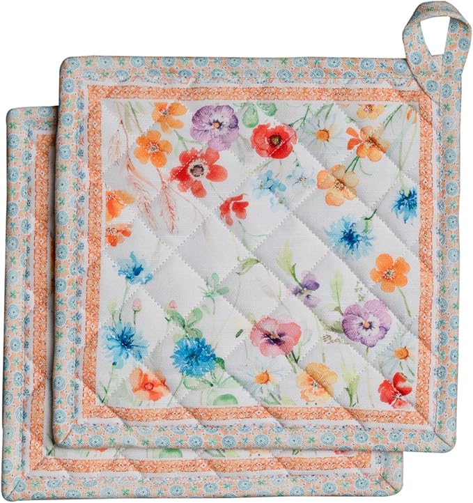 Maison d' Hermine Pot Holders 100% Cotton Heat Resistant Potholders 8" x 8" Hot Pads with Loop BBQ Cooking Baking Gifts for Mothers Day Handling Hot Pans Spring/Summer (Pack of 2, Summer Whisper)