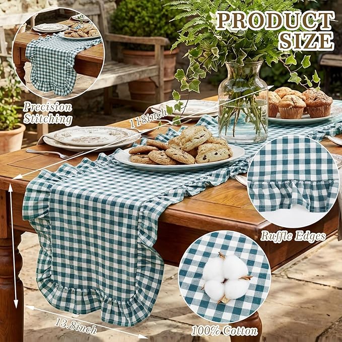 HunnmingRe 1 Pcs Dark Green Plaid Gingham Ruffle Table Runner 118 x 13.8'' Farmhouse Table Runner 100% Cotton Scalloped Long Dresser Scarves for Dining Room, Wedding, Kitchen Rustic Home Decor