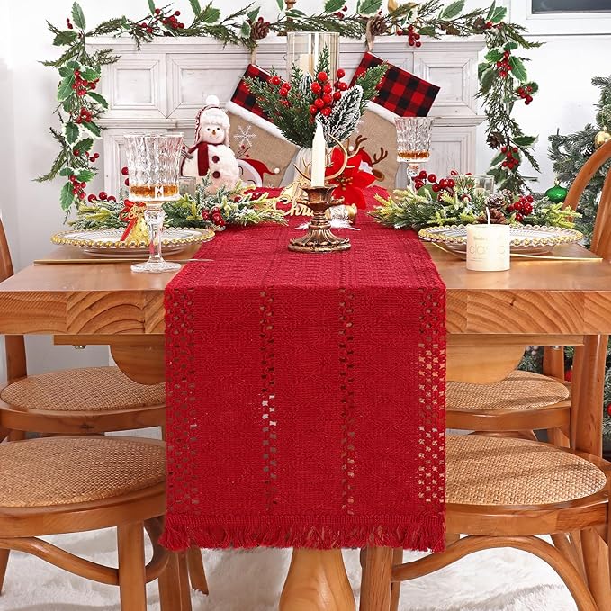 Alynsehom Macrame Table Runner Christmas Red Boho Table Runners with Tassels Hand Woven Cotton Table Runner Rustic Farmhouse Table Runners for Xmas Kitchen Dining Table(12x95in)