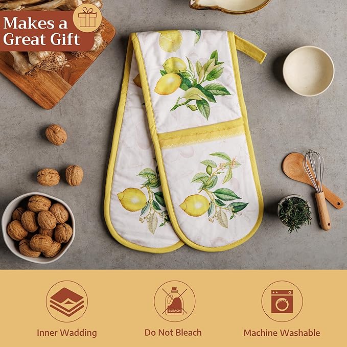 Maison d' Hermine Double Oven Mitts 100% Cotton 7"x35" Double Oven Mitt Heat Resistant BBQ Cooking Gloves with Loop Baking Grilling Gifts for Mothers Day Spring Summer (Limoncello)