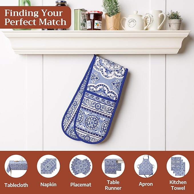 Maison d' Hermine Double Oven Mitts 100% Cotton 7"x35" Double Oven Mitt Heat Resistant BBQ Cooking Gloves with Loop Baking Grilling Gifts for Mothers Day Spring Summer (Melodie Bleue)