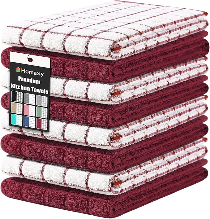 Homaxy Premium Cotton Kitchen Towels 16"x 28", Large Natural Ring Spun 390 GSM Dish Towels, Super Absorbent Terry Kitchen Hand Towels, Soft Tea Towels with Hanging Loop, Red Check Design, 8 Pack