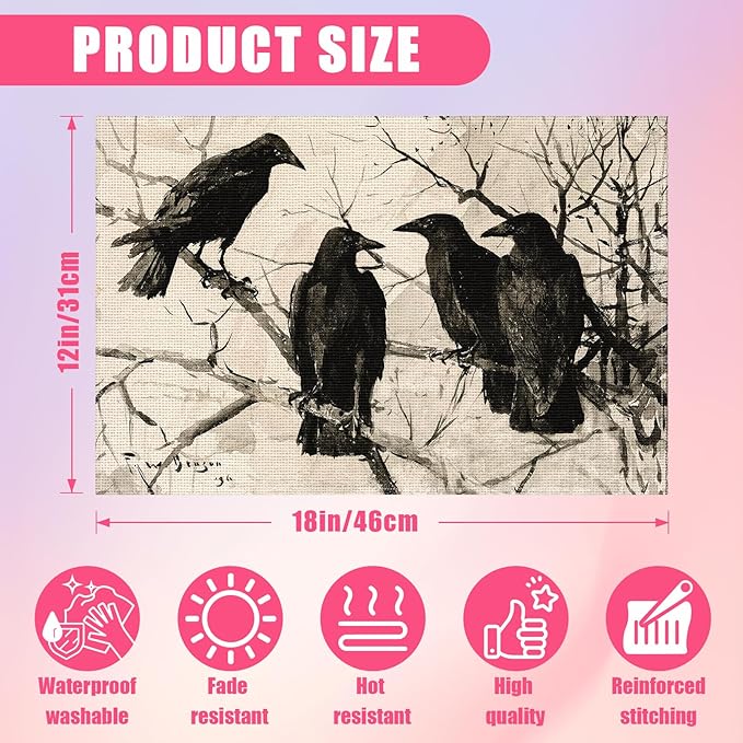 Crows Tree Branch Placemats Set of 6,12x18 Inch Bird Linen Place Mat Washable Stain Resistant Table Mats for Spring Summer Halloween Farmhouse Kitchen Party Home Decor
